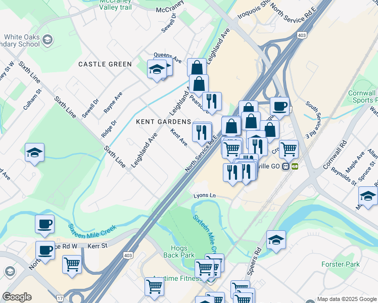 map of restaurants, bars, coffee shops, grocery stores, and more near 1024 Kent Avenue in Oakville
