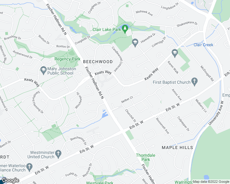 map of restaurants, bars, coffee shops, grocery stores, and more near 420 Midwood Crescent in Waterloo
