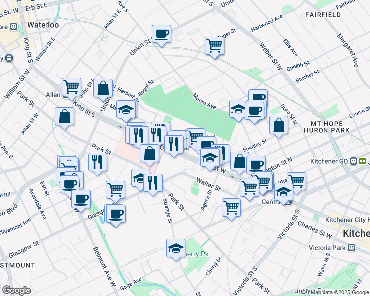 map of restaurants, bars, coffee shops, grocery stores, and more near 800 King Street West in Kitchener