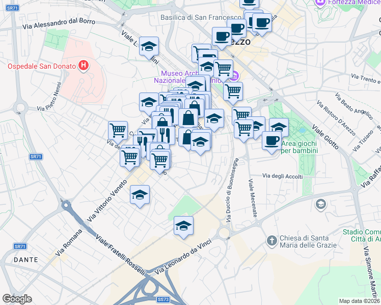map of restaurants, bars, coffee shops, grocery stores, and more near 19 Via Ombrone in Arezzo