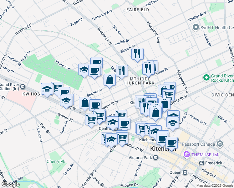map of restaurants, bars, coffee shops, grocery stores, and more near 115 Louisa Street in Kitchener