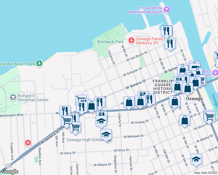 map of restaurants, bars, coffee shops, grocery stores, and more near 64 Liberty Street in Oswego