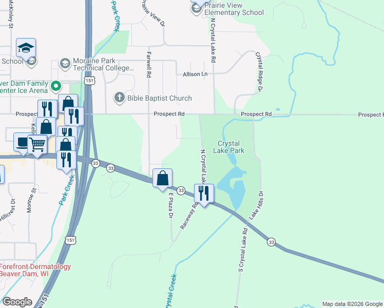 map of restaurants, bars, coffee shops, grocery stores, and more near N7243 N Crystal Lake Rd in Beaver Dam