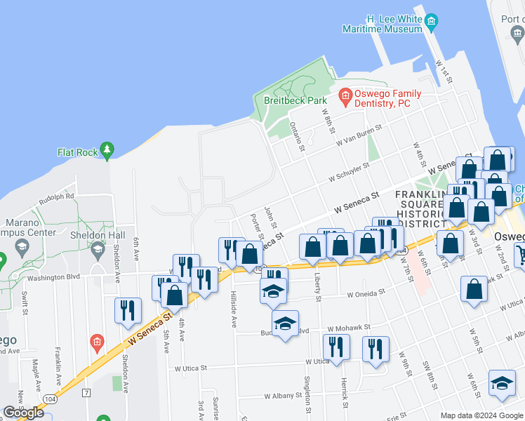 map of restaurants, bars, coffee shops, grocery stores, and more near 3 John Street in Oswego