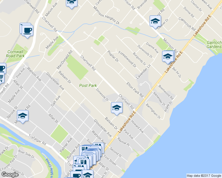 map of restaurants, bars, coffee shops, grocery stores, and more near 185 Chartwell Road in Oakville