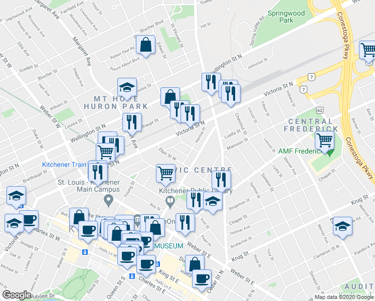map of restaurants, bars, coffee shops, grocery stores, and more near 25 Saint Leger Street in Kitchener