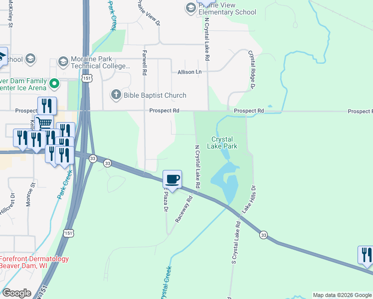 map of restaurants, bars, coffee shops, grocery stores, and more near N7243 North Crystal Lake Road in Beaver Dam
