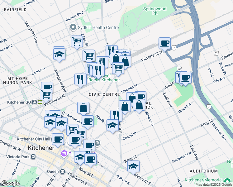 map of restaurants, bars, coffee shops, grocery stores, and more near 64 Mansion Street in Kitchener