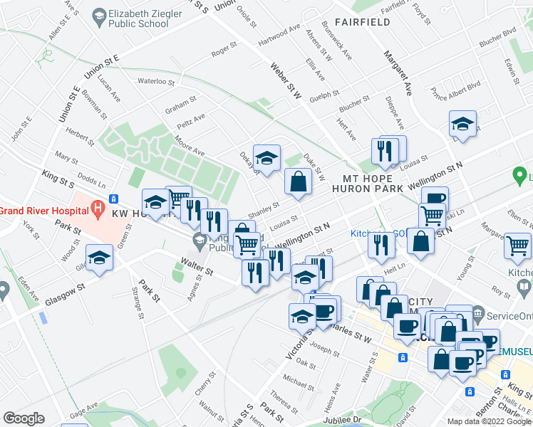map of restaurants, bars, coffee shops, grocery stores, and more near 73 Shanley Street in Kitchener