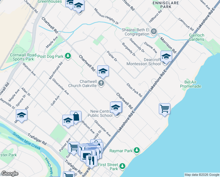 map of restaurants, bars, coffee shops, grocery stores, and more near 200 Chartwell Road in Oakville