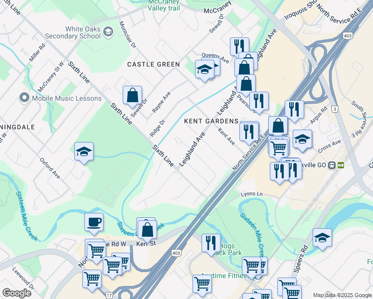map of restaurants, bars, coffee shops, grocery stores, and more near 81 Germorda Drive in Oakville