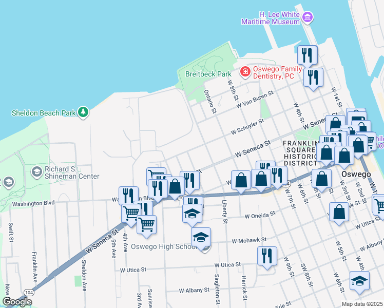 map of restaurants, bars, coffee shops, grocery stores, and more near 3 John St in Oswego