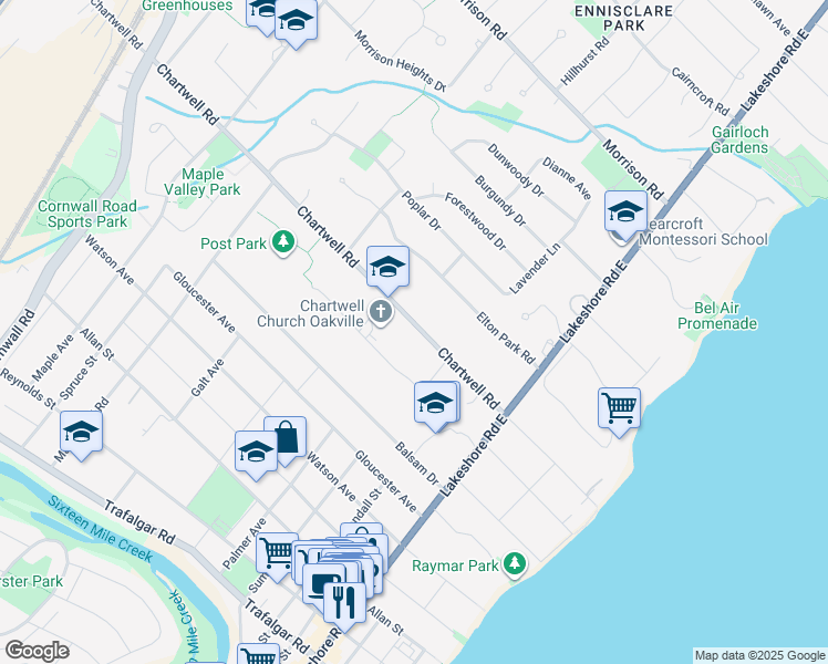 map of restaurants, bars, coffee shops, grocery stores, and more near 200 Chartwell Road in Oakville