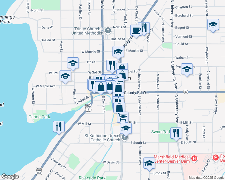 map of restaurants, bars, coffee shops, grocery stores, and more near 112 Front Street in Beaver Dam