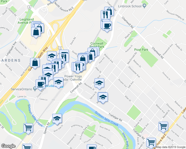 map of restaurants, bars, coffee shops, grocery stores, and more near 330 Pine Avenue in Oakville
