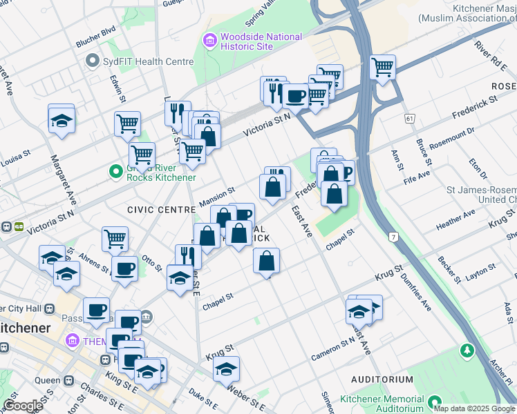 map of restaurants, bars, coffee shops, grocery stores, and more near 111 Locust Street in Kitchener