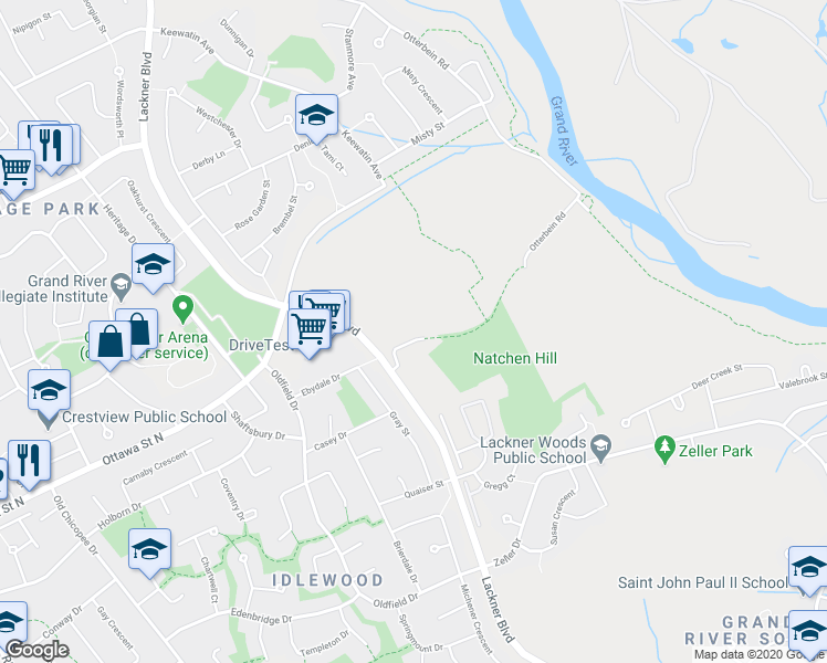 map of restaurants, bars, coffee shops, grocery stores, and more near 128 Ebydale Drive in Kitchener
