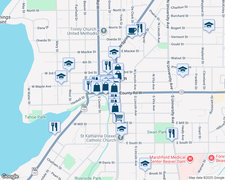 map of restaurants, bars, coffee shops, grocery stores, and more near 112 Front Street in Beaver Dam