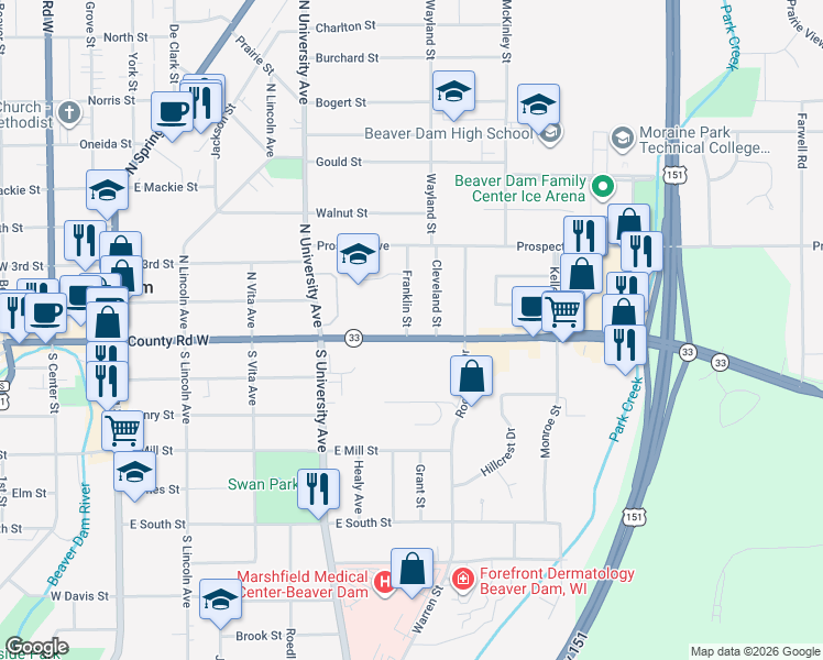 map of restaurants, bars, coffee shops, grocery stores, and more near 500 Park Avenue in Beaver Dam