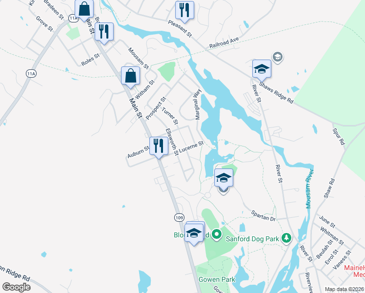 map of restaurants, bars, coffee shops, grocery stores, and more near 8 Lucerne Street in Sanford
