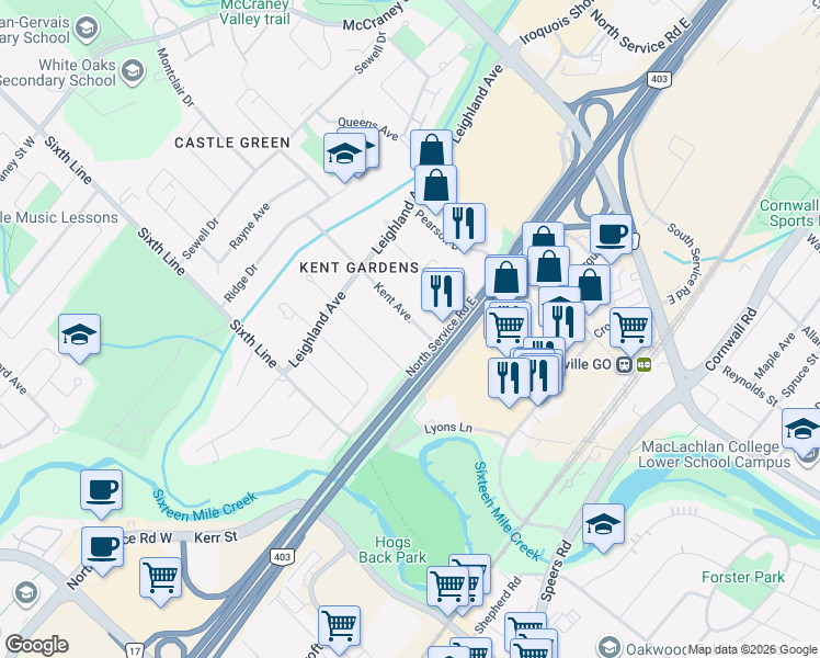 map of restaurants, bars, coffee shops, grocery stores, and more near 1030 Kent Avenue in Oakville