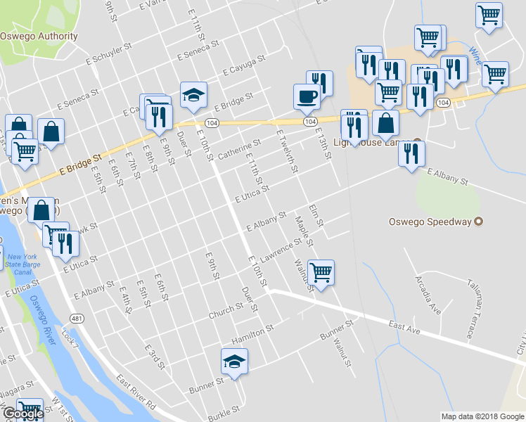 map of restaurants, bars, coffee shops, grocery stores, and more near 266 E 11th St in Oswego