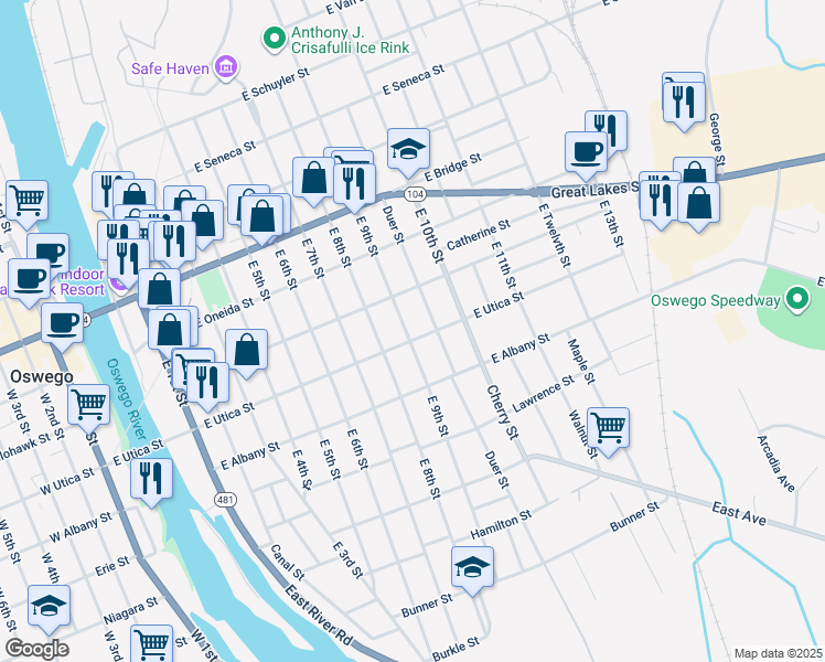 map of restaurants, bars, coffee shops, grocery stores, and more near 113 E Utica St in Oswego