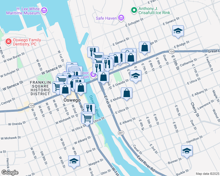 map of restaurants, bars, coffee shops, grocery stores, and more near 106 East 2nd Street in Oswego