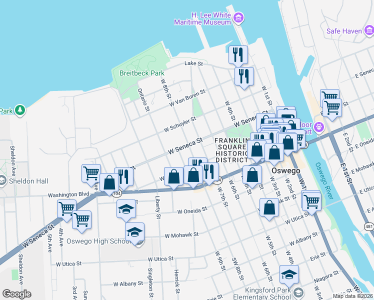 map of restaurants, bars, coffee shops, grocery stores, and more near 93 West 8th Street in Oswego