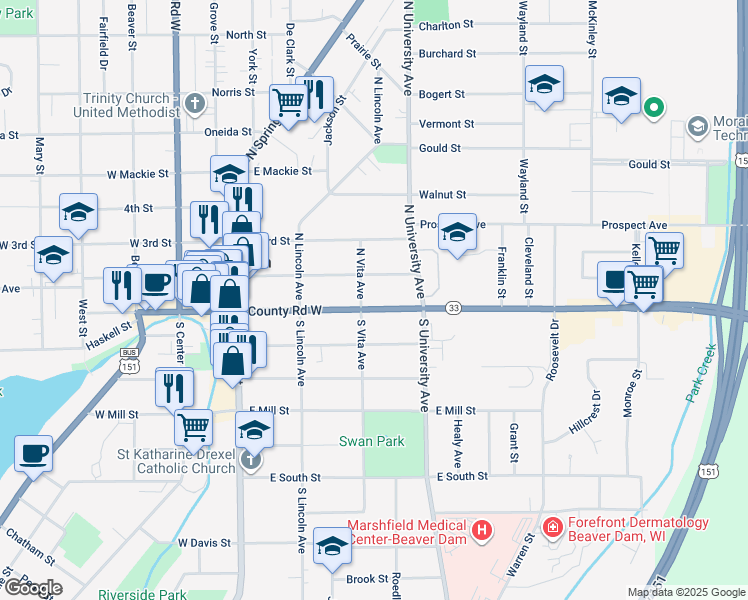 map of restaurants, bars, coffee shops, grocery stores, and more near 302 Park Avenue in Beaver Dam