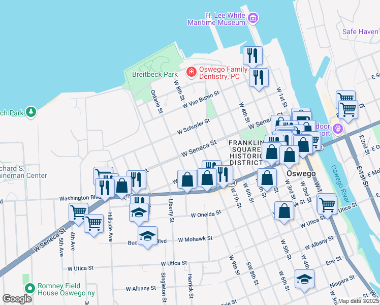 map of restaurants, bars, coffee shops, grocery stores, and more near 118 W Seneca St in Oswego