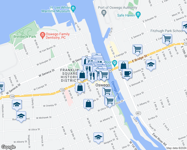 map of restaurants, bars, coffee shops, grocery stores, and more near 111 West 2nd Street in Oswego