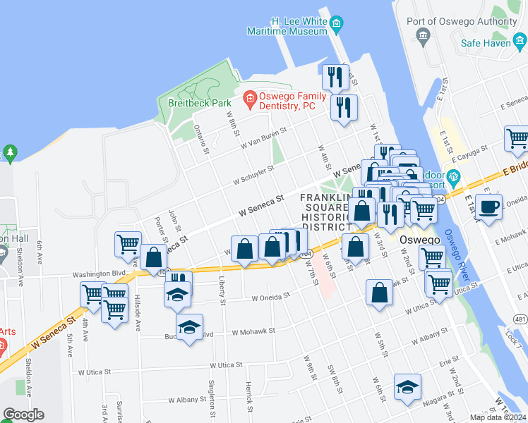 map of restaurants, bars, coffee shops, grocery stores, and more near 93 West 8th Street in Oswego