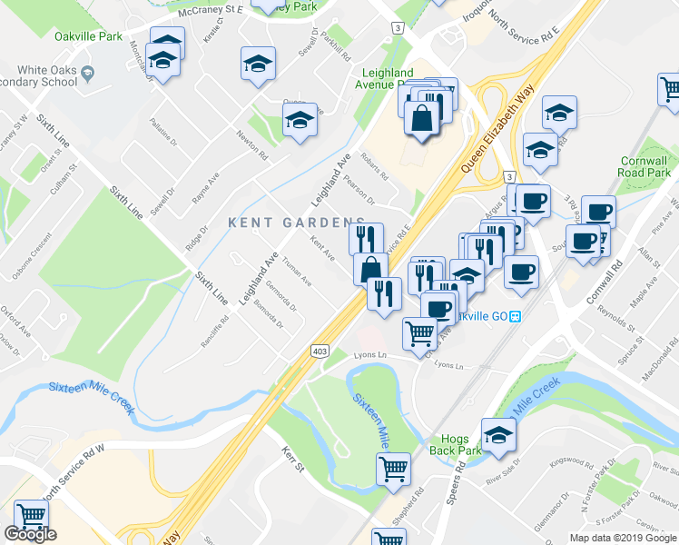 map of restaurants, bars, coffee shops, grocery stores, and more near 1024 Kent Avenue in Oakville