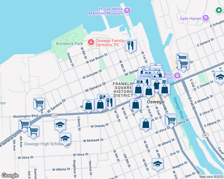 map of restaurants, bars, coffee shops, grocery stores, and more near 76 West 6th Street in Oswego