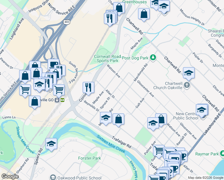 map of restaurants, bars, coffee shops, grocery stores, and more near 367 Spruce Street in Oakville