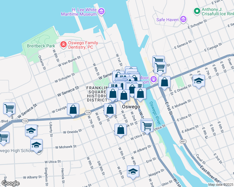 map of restaurants, bars, coffee shops, grocery stores, and more near 113 West 3rd Street in Oswego