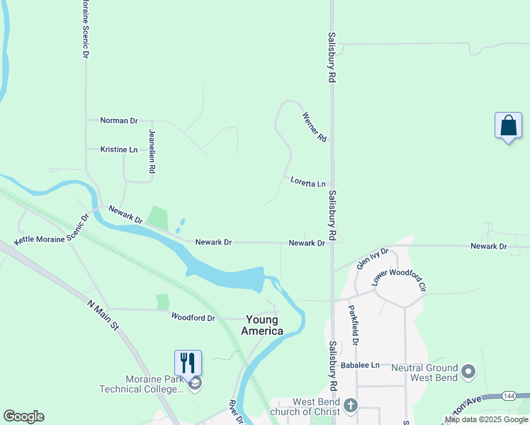 map of restaurants, bars, coffee shops, grocery stores, and more near 7462 Werner Road in West Bend