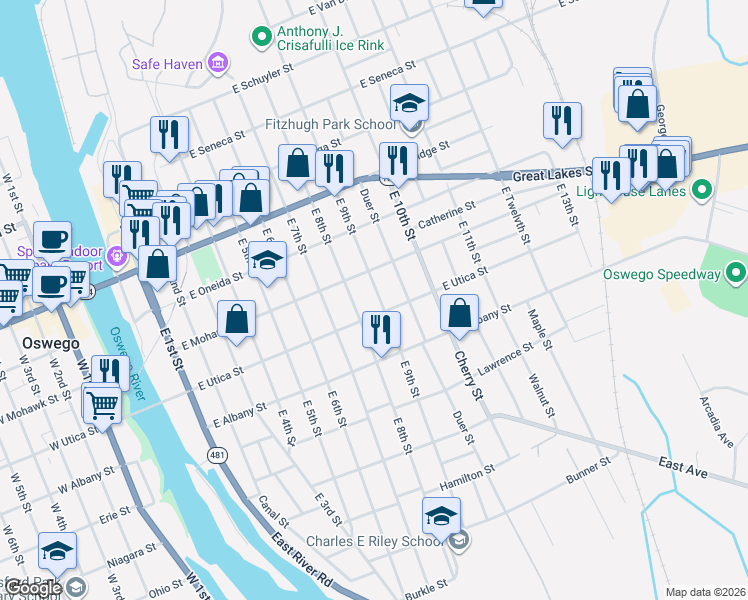 map of restaurants, bars, coffee shops, grocery stores, and more near 113 East Utica Street in Oswego