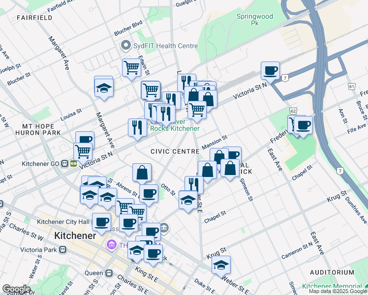 map of restaurants, bars, coffee shops, grocery stores, and more near 175 Queen Street North in Kitchener