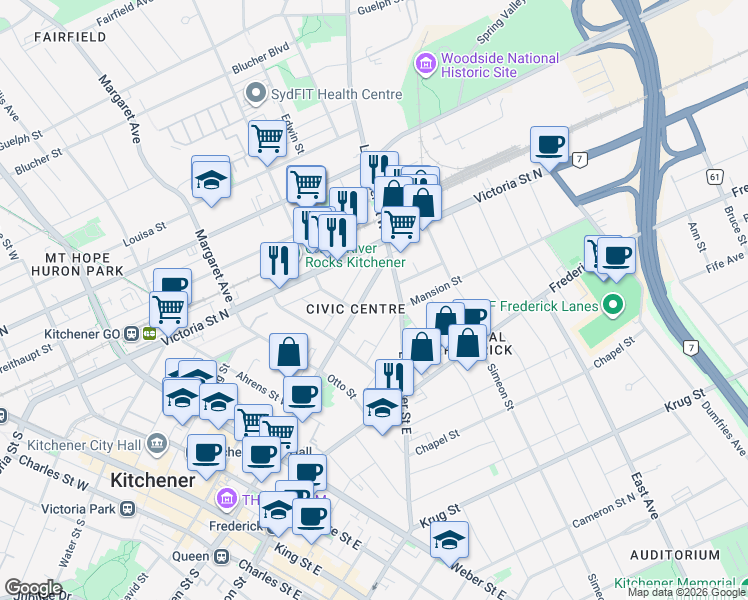 map of restaurants, bars, coffee shops, grocery stores, and more near 175 Queen Street North in Kitchener
