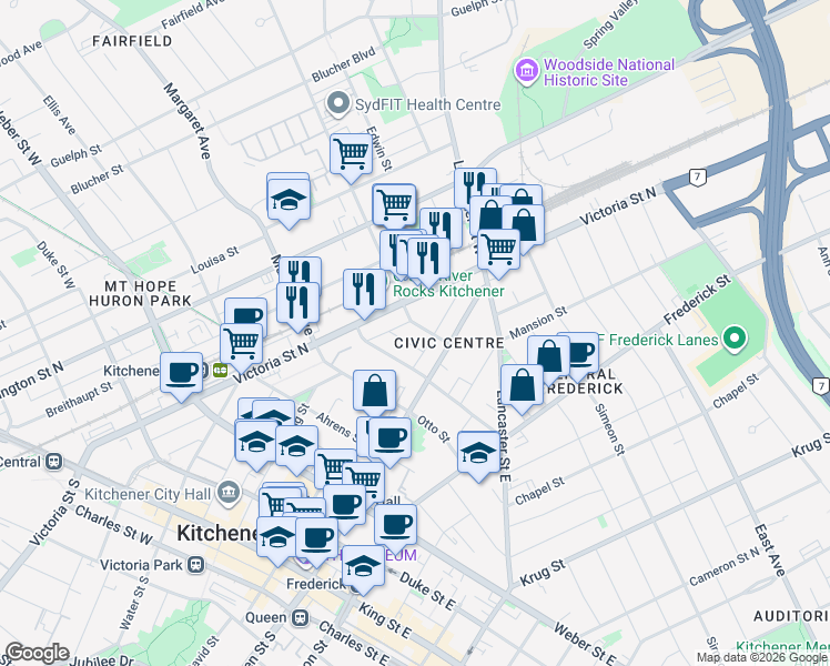map of restaurants, bars, coffee shops, grocery stores, and more near 25 Saint Leger Street in Kitchener