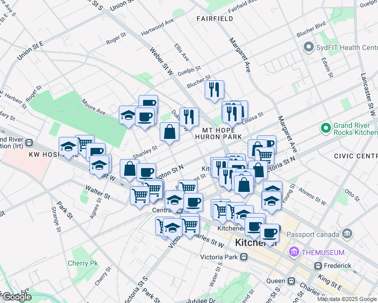 map of restaurants, bars, coffee shops, grocery stores, and more near 129 Louisa Street in Kitchener