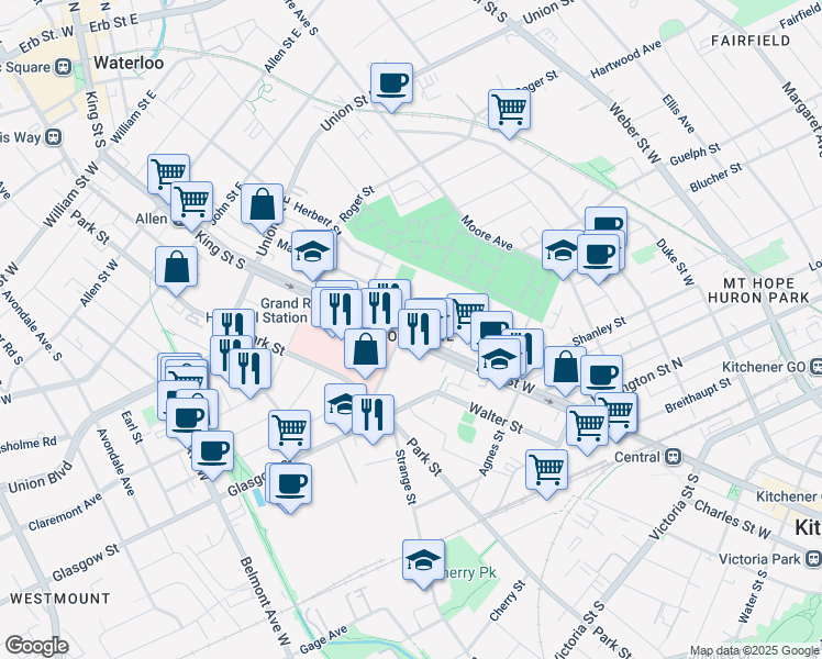 map of restaurants, bars, coffee shops, grocery stores, and more near 826 King Street West in Kitchener