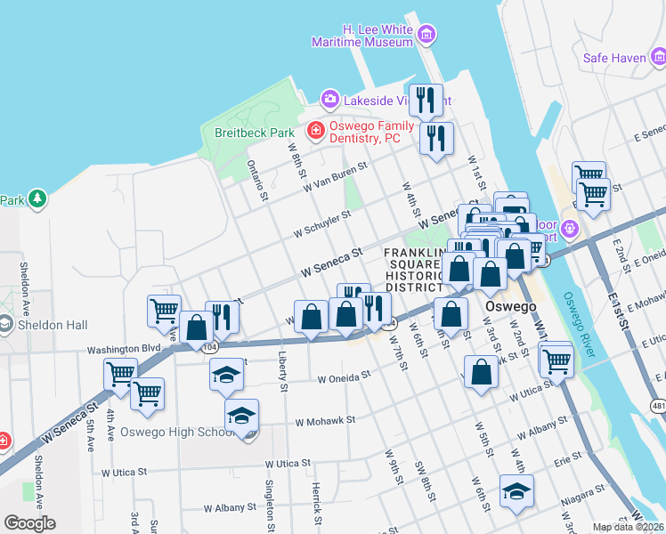 map of restaurants, bars, coffee shops, grocery stores, and more near 93 West 8th Street in Oswego