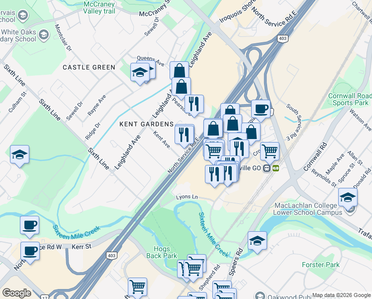 map of restaurants, bars, coffee shops, grocery stores, and more near 123 North Service Road East in Oakville