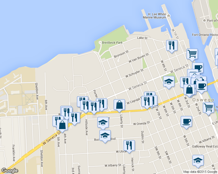 map of restaurants, bars, coffee shops, grocery stores, and more near 58 1/2 Liberty Street in Oswego