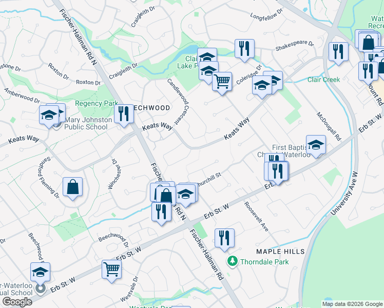 map of restaurants, bars, coffee shops, grocery stores, and more near 401 Midwood Crescent in Waterloo