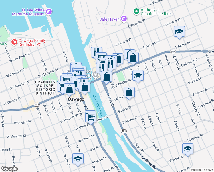 map of restaurants, bars, coffee shops, grocery stores, and more near 120 East 1st Street in Oswego