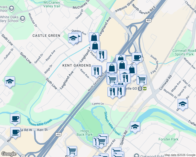 map of restaurants, bars, coffee shops, grocery stores, and more near 125 North Service Road East in Oakville